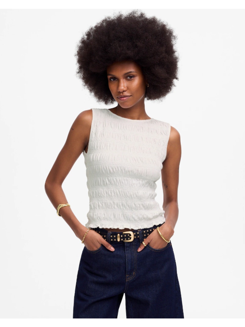 Madewell Smocked Boatneck Tank Sz Xs White Slim Fit Ruffle Hem Stretch Pullover